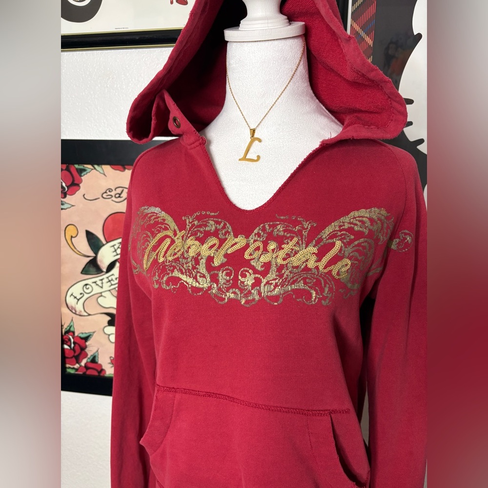 Aeropostale Red Gold Sequin Graphic Kangaroo Pocket Hoodie Y2K 2000s Fall Cyber - Picture 2 of 6